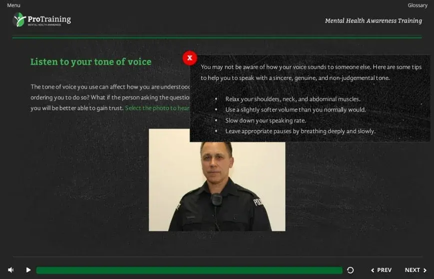 A Mental Health Awareness Training slide, “Listen to your tone of voice”, listing tips for speaking in a non-judgemental tone.