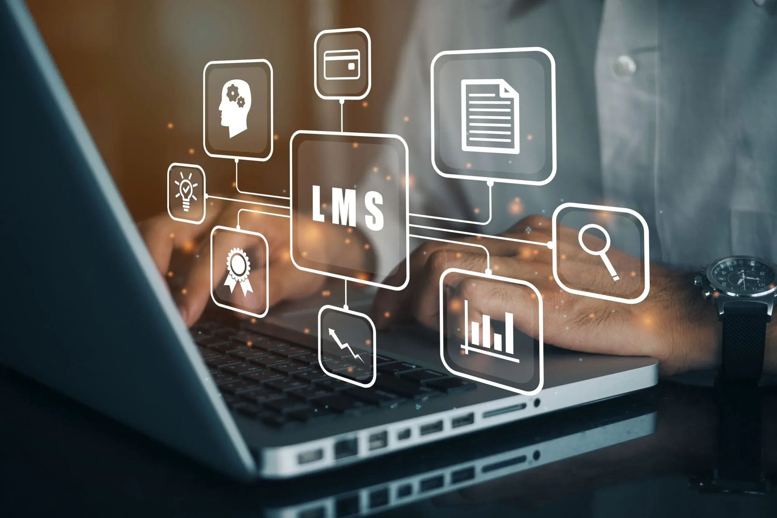 A glowing LMS icon on a laptop screen linked to icons for courses, certificates, reporting and payments.