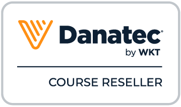 Danatec course reseller badge, tall: an orange chevron mark beside the word Danatec in navy with by WKT under it, a horizontal rule below them, then the words Course Reseller, all inside a rounded pale grey outline.