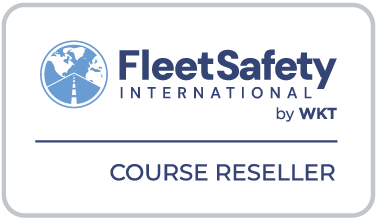 Fleet Safety International course reseller badge, tall: a blue circular mark of a globe behind a road, the words Fleet Safety International with by WKT under them, a horizontal rule, then the words Course Reseller, all inside a rounded pale grey outline.