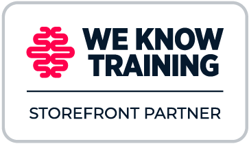 We Know Training storefront partner badge, tall: a pink knot-shaped brain mark beside the words We Know Training in navy, a horizontal rule under them, then the words Storefront Partner, all inside a rounded pale grey outline.